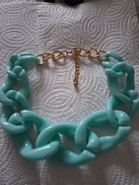 Aqua Resin Chunk Link Necklace with Gold Chain Sell As It Is